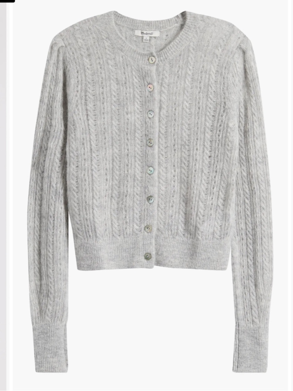 Madewell Alpaca Pointelle puff sleeve Leland Cardigan light grey size M NWT